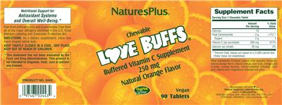 Photo of the Natures Plus Chewable Love Buffs 250 mg Natural Orange Flavor label