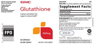Photo of the GNC Glutathione 500 mg label