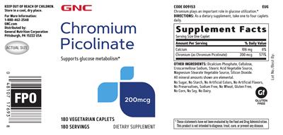 Photo of the GNC Chromium Picolinate 200 mcg label