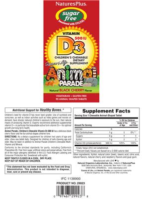 Photo of the Natures Plus Source of Life Animal Parade Vitamin D3 500 IU Natural Black Cherry Flavor label