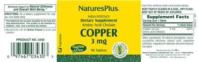 Photo of the Natures Plus Copper 3 mg label