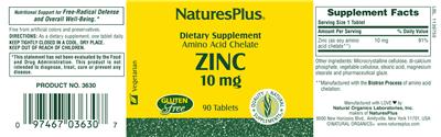 Photo of the Natures Plus Zinc 10 mg label
