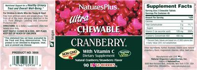 Photo of the Natures Plus Ultra Chewable Cranberry with Vitamin C Natural Cranberry/Strawberry Flavor label
