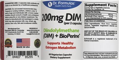 Photo of the DrFormulas Diindolylmethane (DIM) + BioPerine label