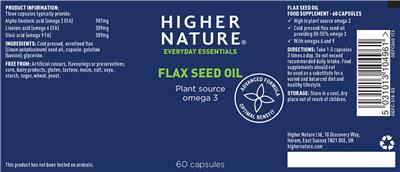 Photo of the Higher Nature Flax Seed Oil label