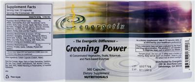 Photo of the Energetix Greening Powder label