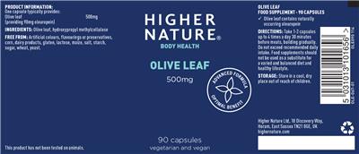Photo of the Higher Nature Olive Leaf 500 mg label