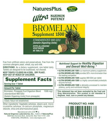 Photo of the Natures Plus Ultra Maximum Potency Bromelain 1500 label