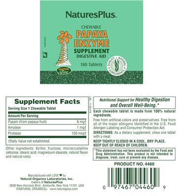 Photo of the Natures Plus Chewable Papaya Enzyme label