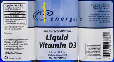Photo of the Energetix Liquid Vitamin D3 label