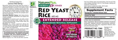 Photo of the Natures Plus Herbal Actives Red Yeast Rice 600 mg Extended Release label