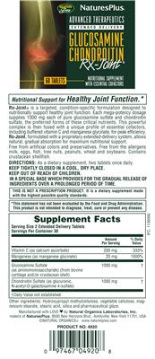 Photo of the Natures Plus Advanced Therapeutics Glucosamine Chondroitin Rx-Joint label