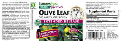 Photo of the Nature's Plus Herbal Actives Olive Leaf 500 mg Extended Release label