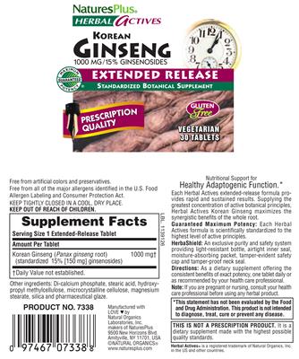 Photo of the Natures Plus Herbal Actives Korean Ginseng 1000 mg Extended Release label