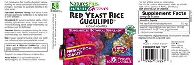 Photo of the Natures Plus Herbal Actives Red Yeast Rice Gugulipid label