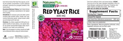 Photo of the Natures Plus Herbal Actives Red Yeast Rice 600 mg label