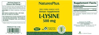 Photo of the Natures Plus L-Lysine 500 mg label