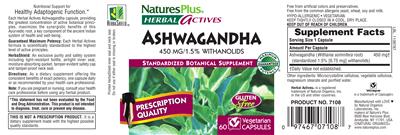 Photo of the Natures Plus Herbal Actives Ashwagandha 450 mg label