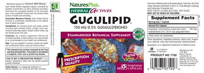 Photo of the Natures Plus Herbal Actives Gugulipid 750 mg label
