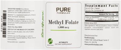 Photo of the PureFormulas Methyl Folate 1,000 mcg label