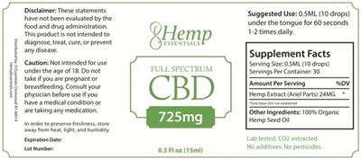 Photo of the Hemp Essentials Full Spectrum CBD 725 mg label