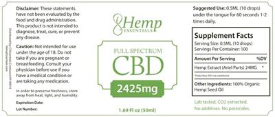Photo of the Hemp Essentials Full Spectrum CBD 2425 mg label