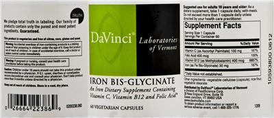Photo of the DaVinci Laboratories Of Vermont Iron Bis-Glycinate label