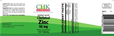 Photo of the CHK Nutrition Chelated Zinc 50 mg label