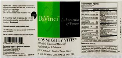 Photo of the DaVinci Laboratories Of Vermont Kids Mighty Vites Tropical Punch Flavor label