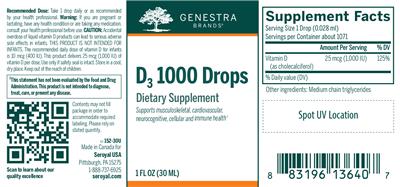 Photo of the Genestra Brands D3 1000 Drops label