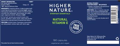 Photo of the Higher Nature Natural Vitamin E label