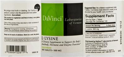 Photo of the DaVinci Laboratories Of Vermont L-Lysine label