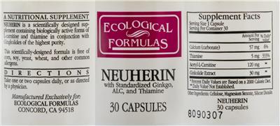 Photo of the Ecological Formulas Neuherin With Standardized Ginkgo, ALC, And Thiamine label
