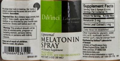 Photo of the DaVinci Laboratories Of Vermont Liposomal Melatonin Spray label