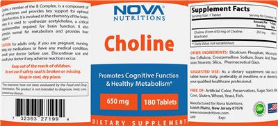 Photo of the Nova Nutritions Choline 650 mg label