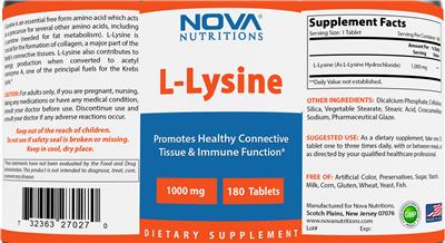 Photo of the Nova Nutritions L-Lysine 1000 mg label
