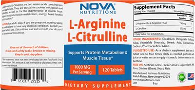 Photo of the Nova Nutritions L-Arginine L-Citrulline 1000 mg label