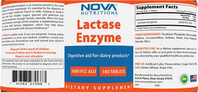 Photo of the Nova Nutritions Lactase Enzyme 3000 FCC ALU label