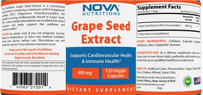 Photo of the Nova Nutritions Grape Seed Extract 400 mg label