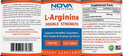 Photo of the Nova Nutritions L-Arginine Double Strength 1000 mg label