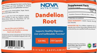 Photo of the Nova Nutritions Dandelion Root 520 mg label