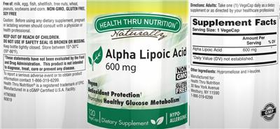 Photo of the Health Thru Nutrition Naturally Alpha Lipoic Acid 600 mg label