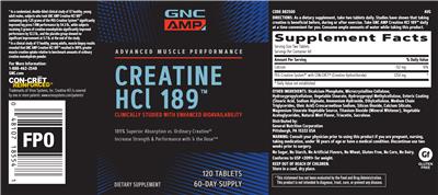Photo of the GNC AMP Advanced Muscle Performance Creatine HCl 189 label