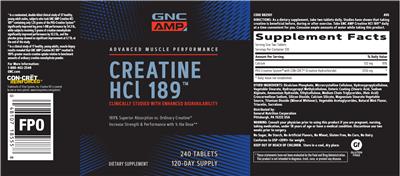 Photo of the GNC AMP Advanced Muscle Performance Creatine HCl 189 label