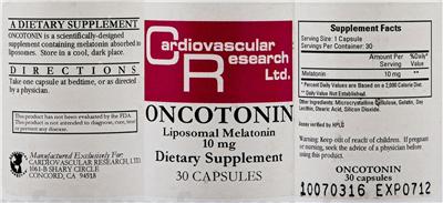 Photo of the Cardiovascular Research Oncotonin Liposomal Melatonin 10 mg label