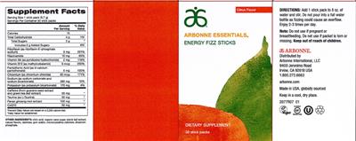 Photo of the Arbonne Essentials Energy Fizz Sticks Citrus Flavor label