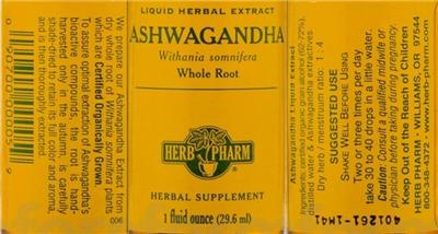 Photo of the Herb Pharm Ashwagandha label