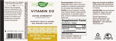 Photo of the Nature's Way Vitamin D3 50 mcg Extra Strength label