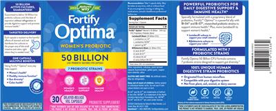 Label of Fortify Optima Women's Probiotic 50 Billion