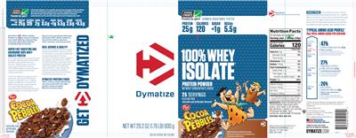 Photo of the Dymatize 100% Whey Isolate Cocoa Pebbles label